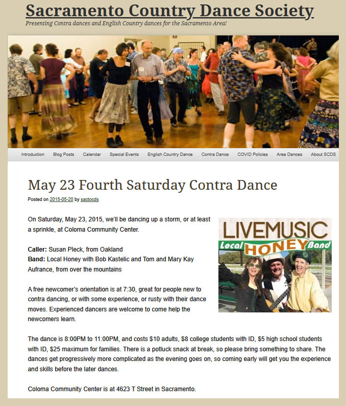 sactocds.org announcement of Local Honey Band playing for contra dance Local Honey Band performs in Sacramento